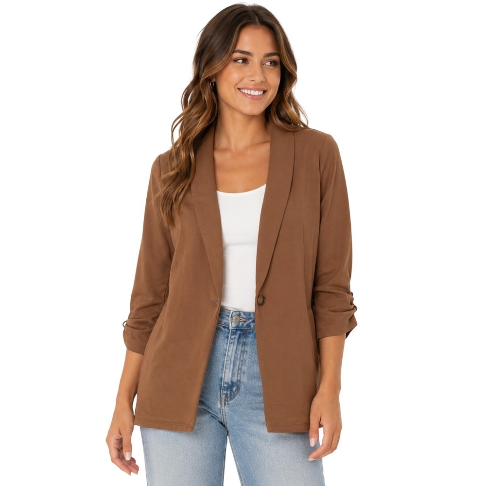Altar'd State Brown Ruched 3/4‎ Sleeve Shawl Collar Blazer MEDIUM